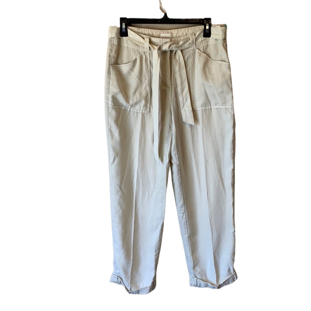 Chico’s Cream Linen Blend Cropped Pants Belted, Lightweight, Size Small Coastal